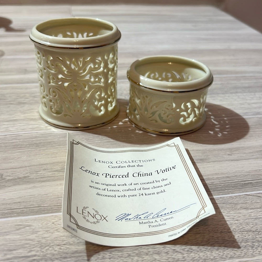 Lenox pierced China votives 2 pieces decorated with 24 karat gold